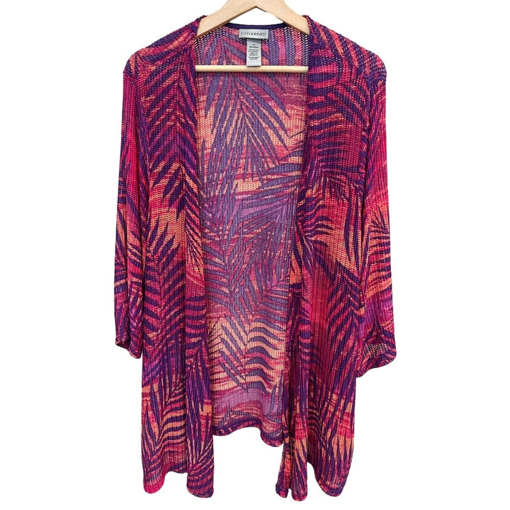 Catherines Open Front Women's Knit Cardigan Size 1X Tropical Pink Purple Stretch